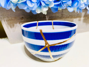Blue Nautical Kintsugi Bowl, Kintsugi Ceramics and Pottery, Home Decor, Minimalist Gifts, Room Decor, Kintsugi Nautical Blue Striped Bowl